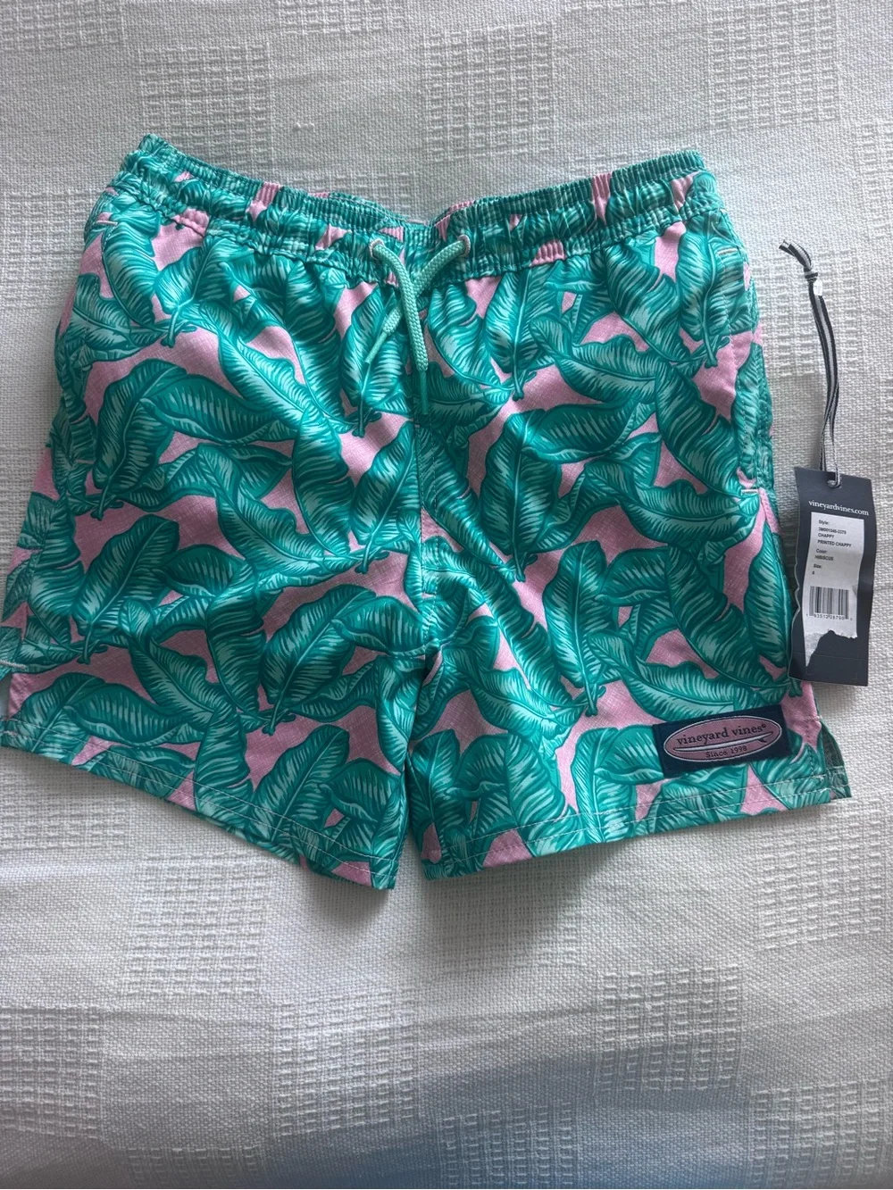 Vineyard Vines Teal Leaf Print Swim Shorts on Pink
